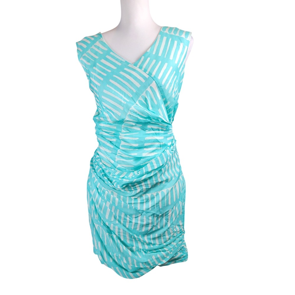 Aryn K Ruched Dress Womens Small Turquoise Cream Cotton Silk Draped Party NEW